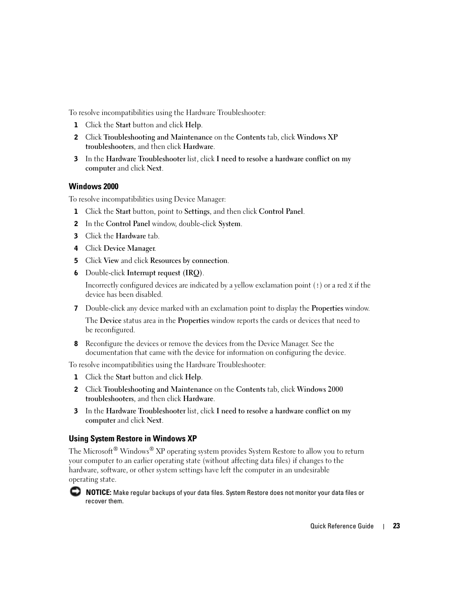 Windows 2000, Using system restore in windows xp | Dell Precision 470 User Manual | Page 23 / 328