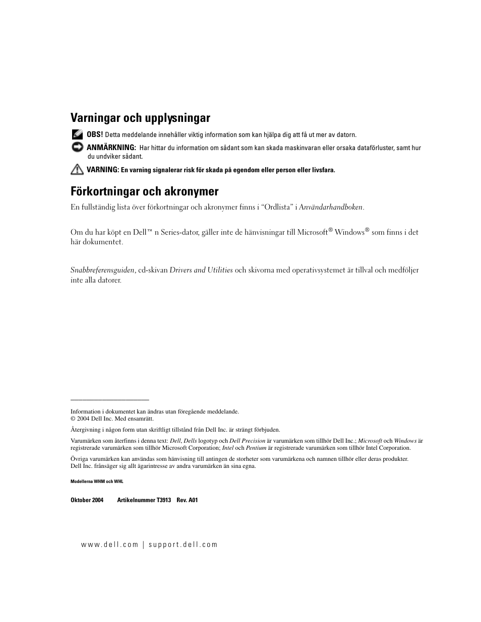 Varningar och upplysningar, Förkortningar och akronymer | Dell Precision 470 User Manual | Page 252 / 328