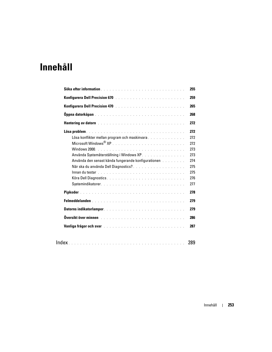 Innehåll, Index | Dell Precision 470 User Manual | Page 253 / 328