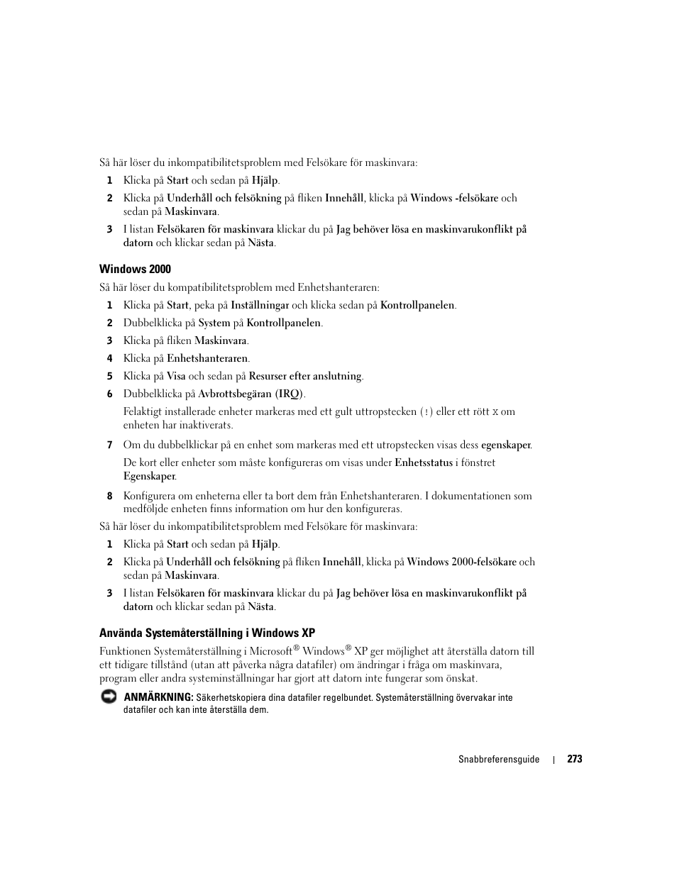 Windows 2000, Använda systemåterställning i windows xp | Dell Precision 470 User Manual | Page 273 / 328