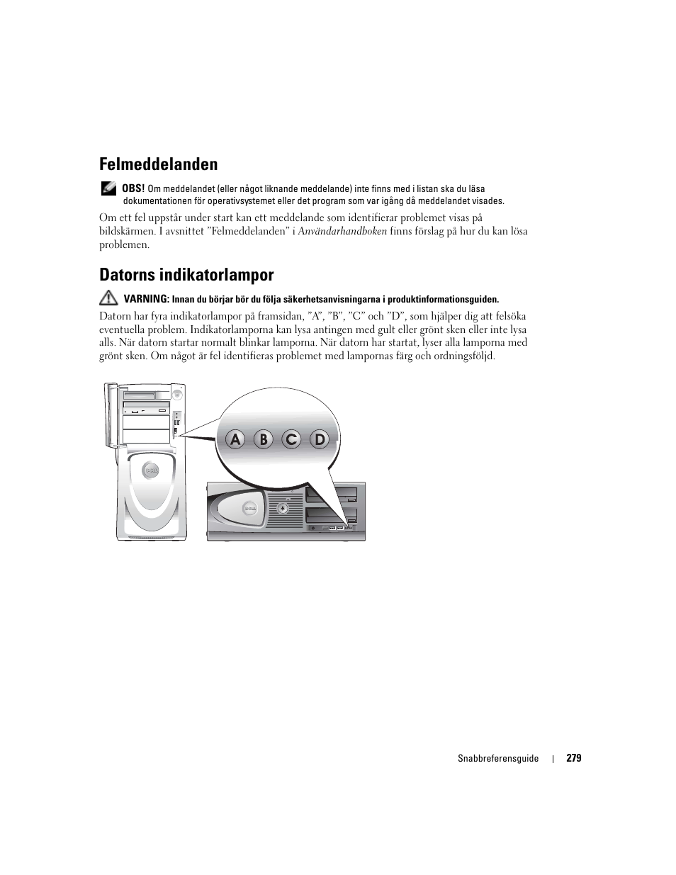 Felmeddelanden, Datorns indikatorlampor | Dell Precision 470 User Manual | Page 279 / 328