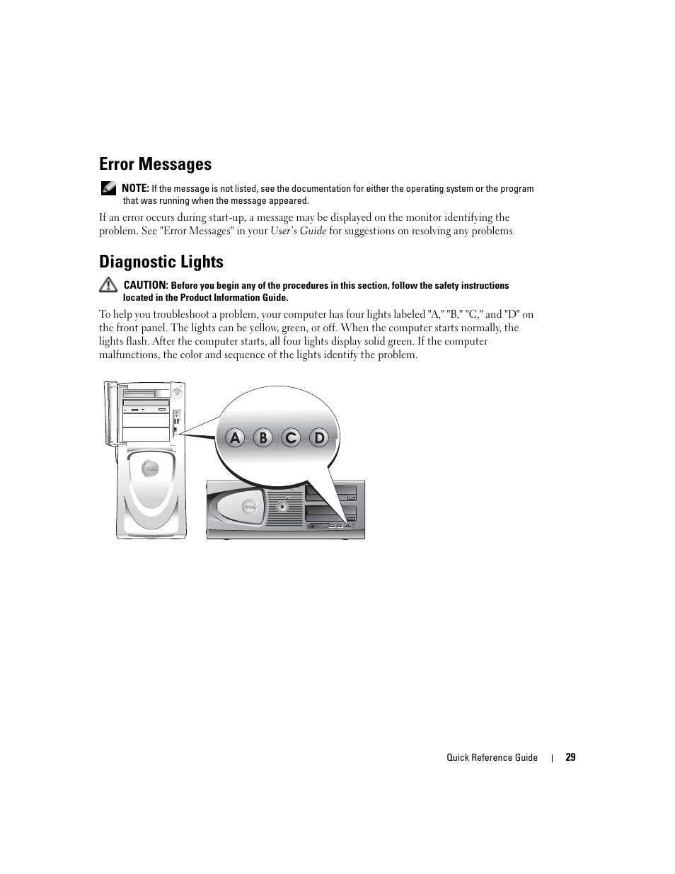Error messages, Diagnostic lights | Dell Precision 470 User Manual | Page 29 / 328