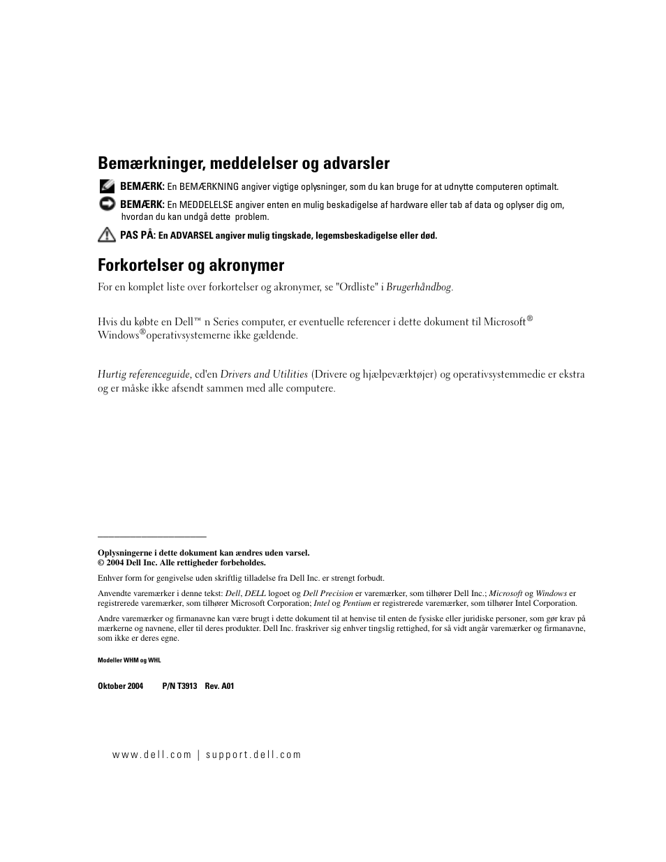 Bemærkninger, meddelelser og advarsler, Forkortelser og akronymer | Dell Precision 470 User Manual | Page 44 / 328