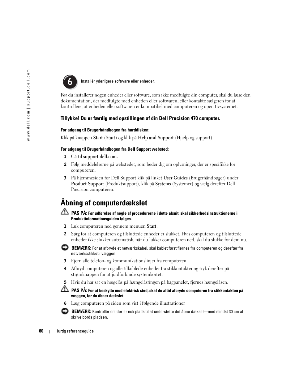 Åbning af computerdækslet | Dell Precision 470 User Manual | Page 60 / 328