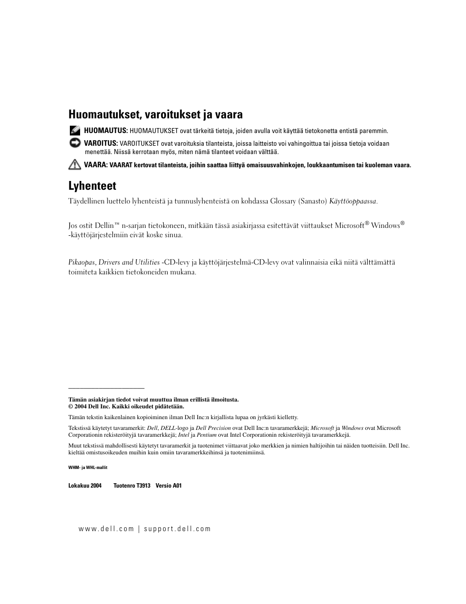 Huomautukset, varoitukset ja vaara, Lyhenteet | Dell Precision 470 User Manual | Page 84 / 328