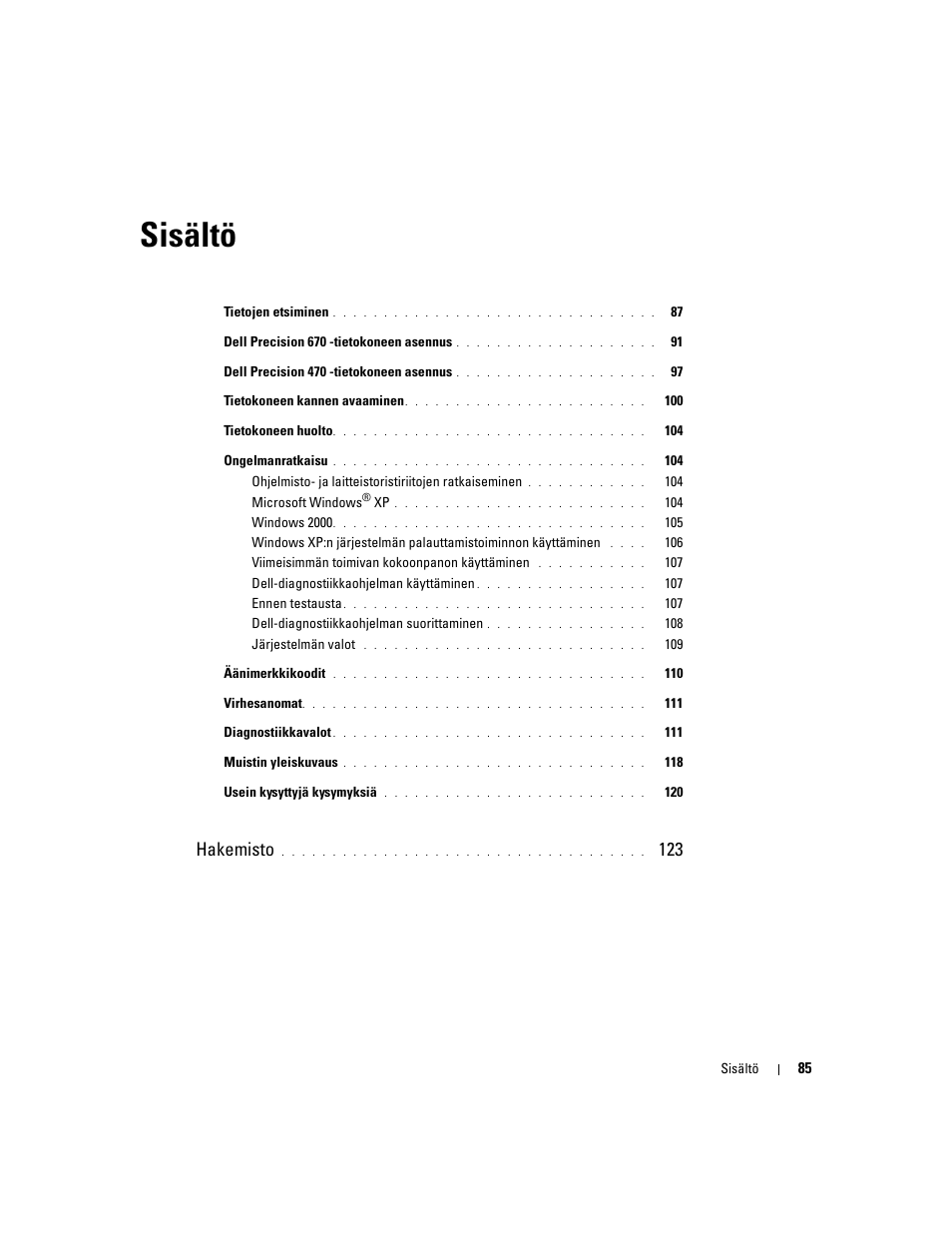 Sisältö, Hakemisto | Dell Precision 470 User Manual | Page 85 / 328