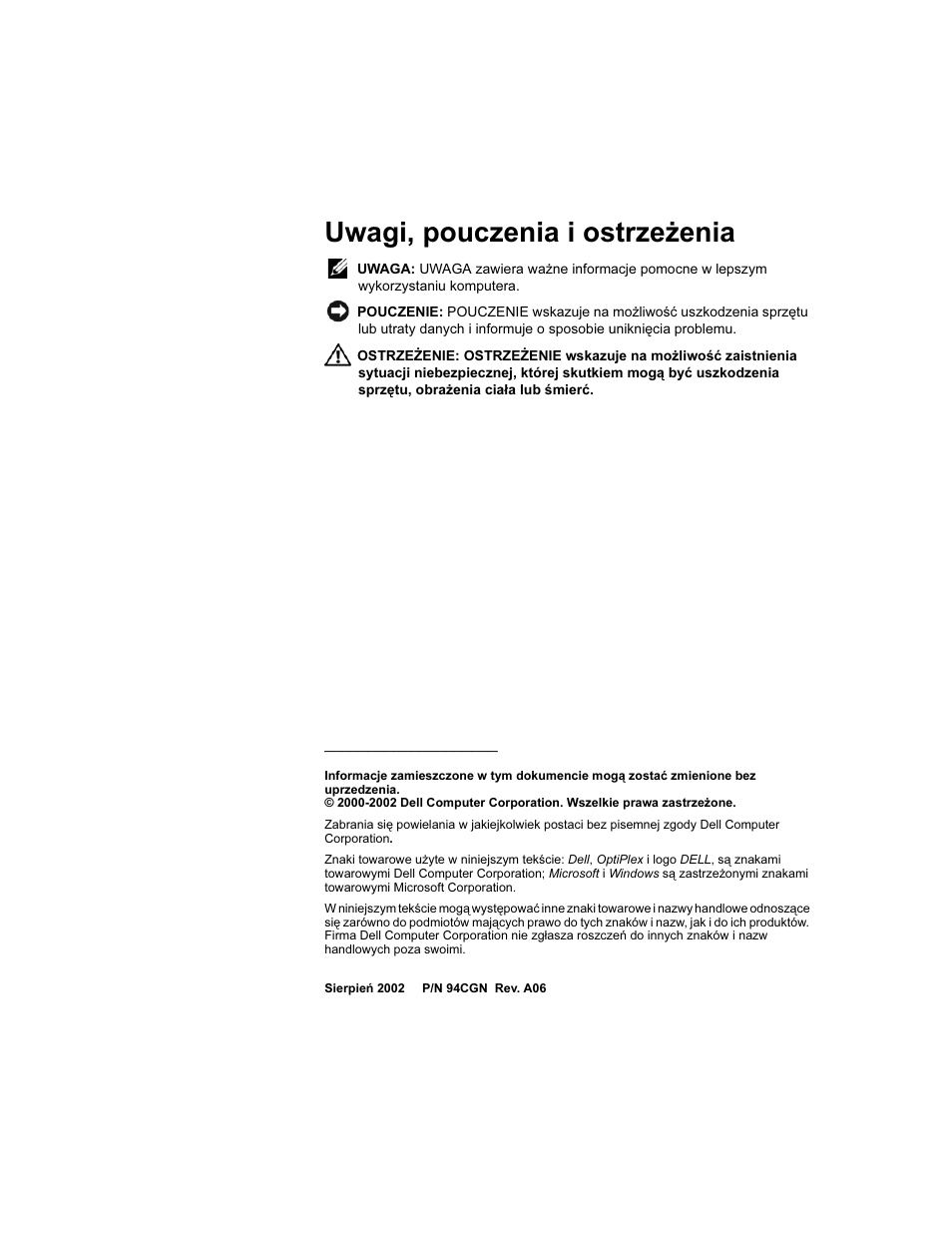 Uwagi, pouczenia i ostrzeżenia | Dell OptiPlex GX60 User Manual | Page 113 / 208