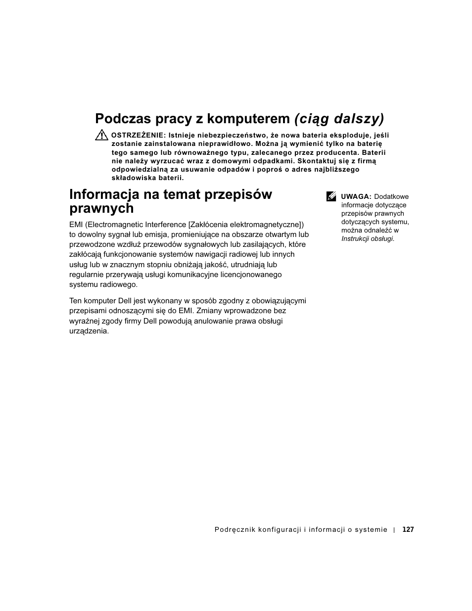 Informacja na temat przepisów prawnych, Podczas pracy z komputerem (ciąg dalszy) | Dell OptiPlex GX60 User Manual | Page 128 / 208