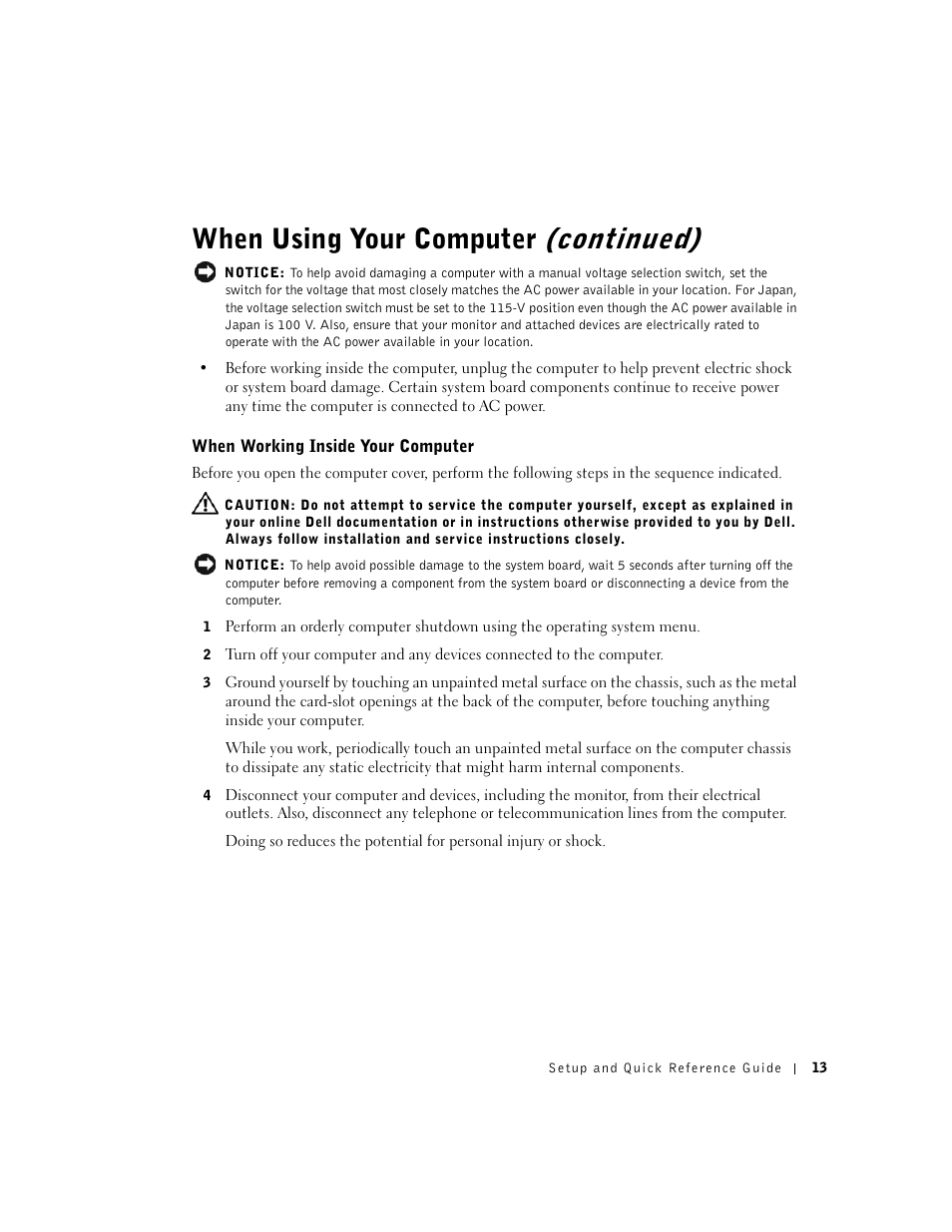 When working inside your computer, When using your computer (continued) | Dell OptiPlex GX60 User Manual | Page 14 / 208