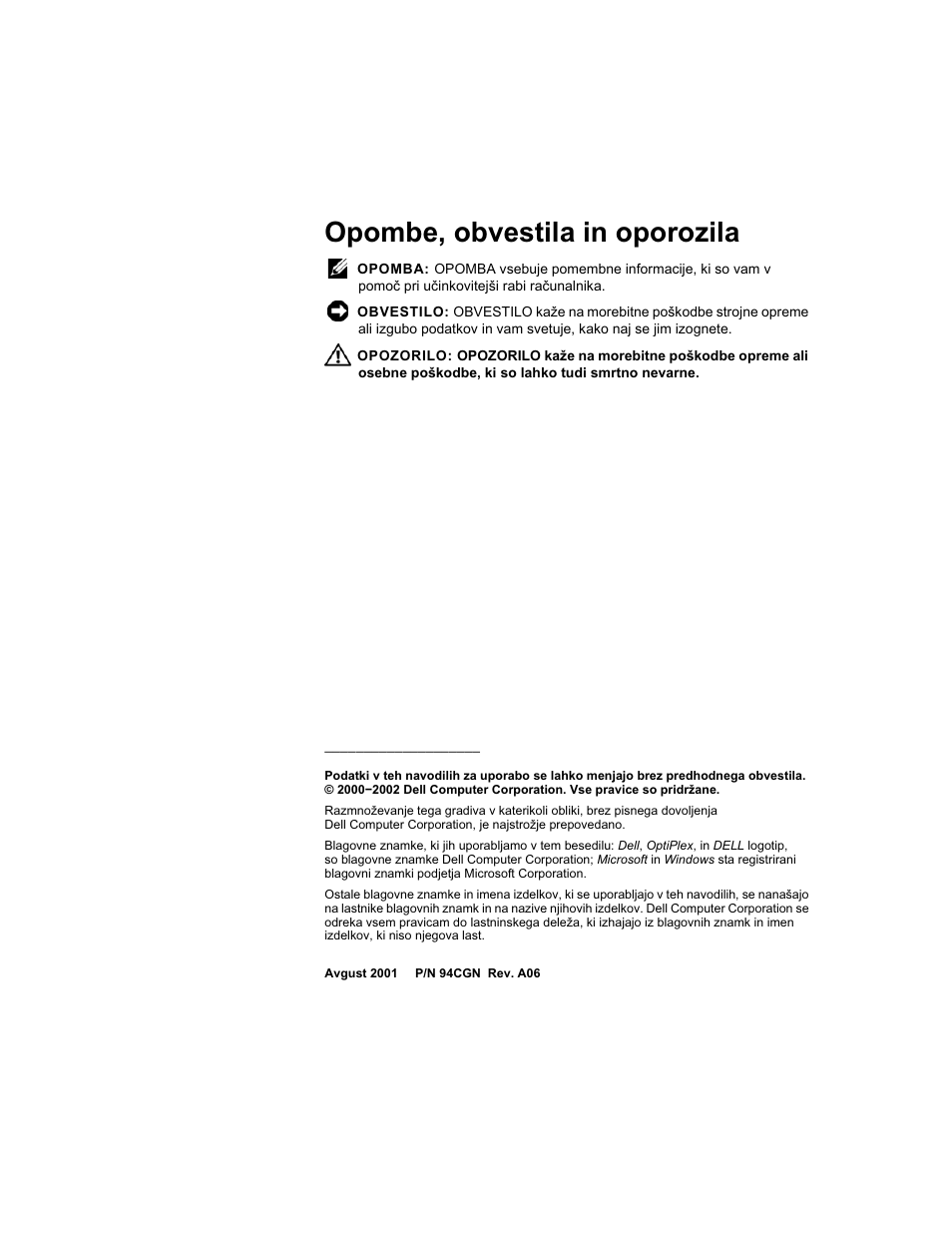 Opombe, obvestila in oporozila | Dell OptiPlex GX60 User Manual | Page 163 / 208