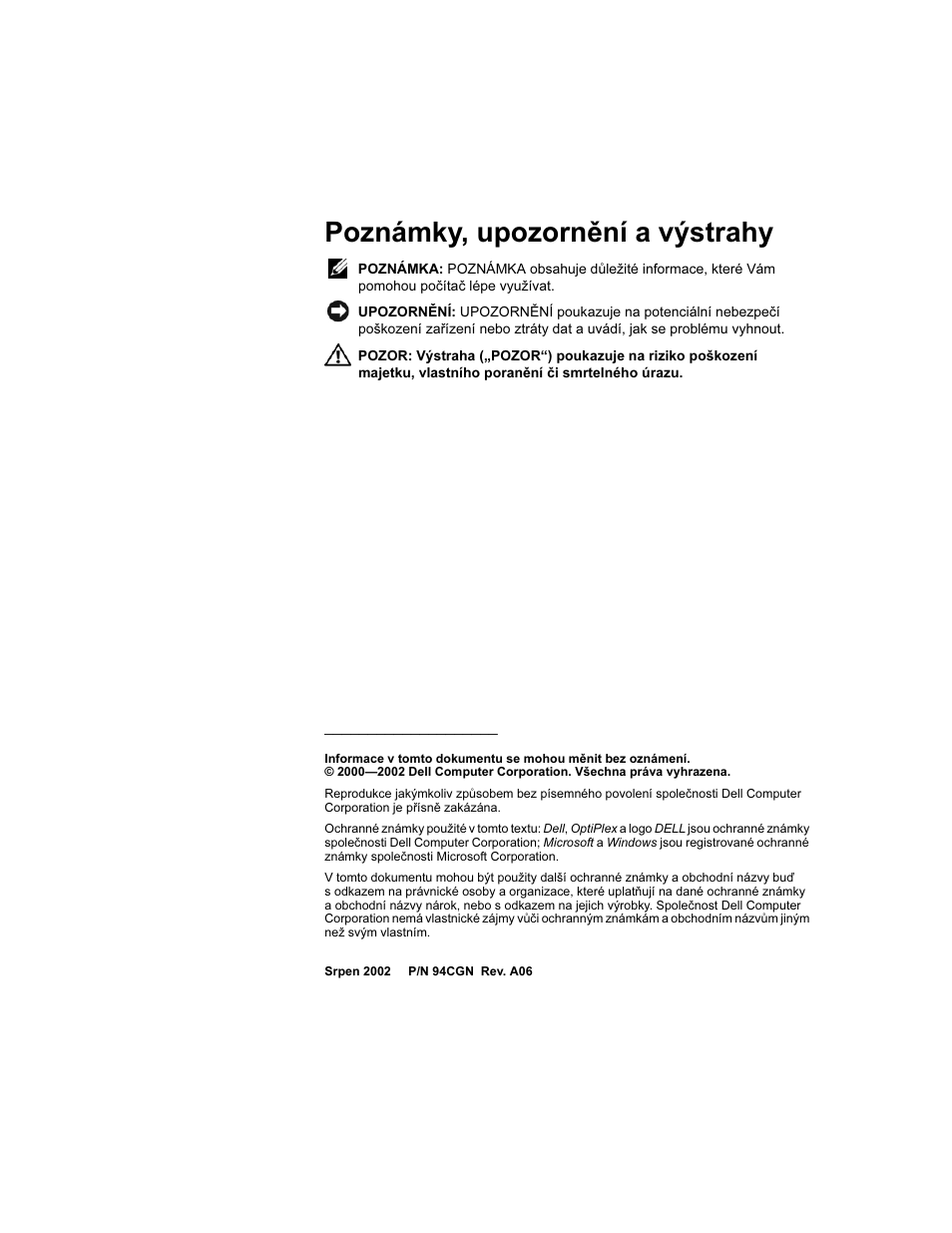Poznámky, upozornění a výstrahy | Dell OptiPlex GX60 User Manual | Page 17 / 208