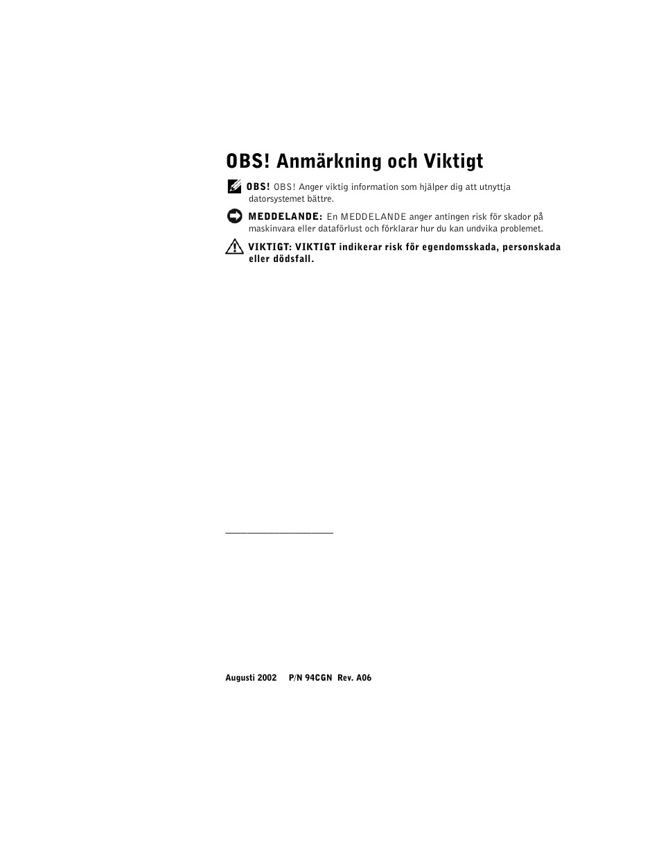 Obs! anmärkning och viktigt | Dell OptiPlex GX60 User Manual | Page 179 / 208