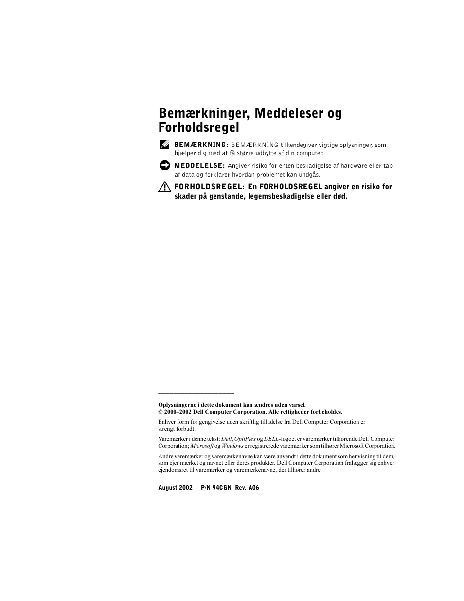 Bemærkninger, meddeleser og forholdsregel | Dell OptiPlex GX60 User Manual | Page 33 / 208