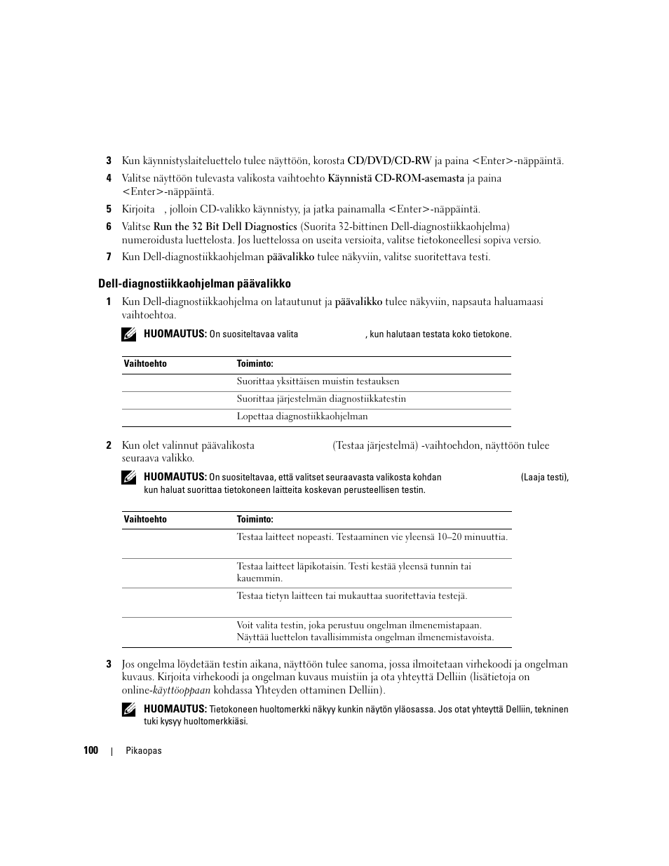 Dell-diagnostiikkaohjelman päävalikko | Dell Latitude D830 User Manual | Page 100 / 258