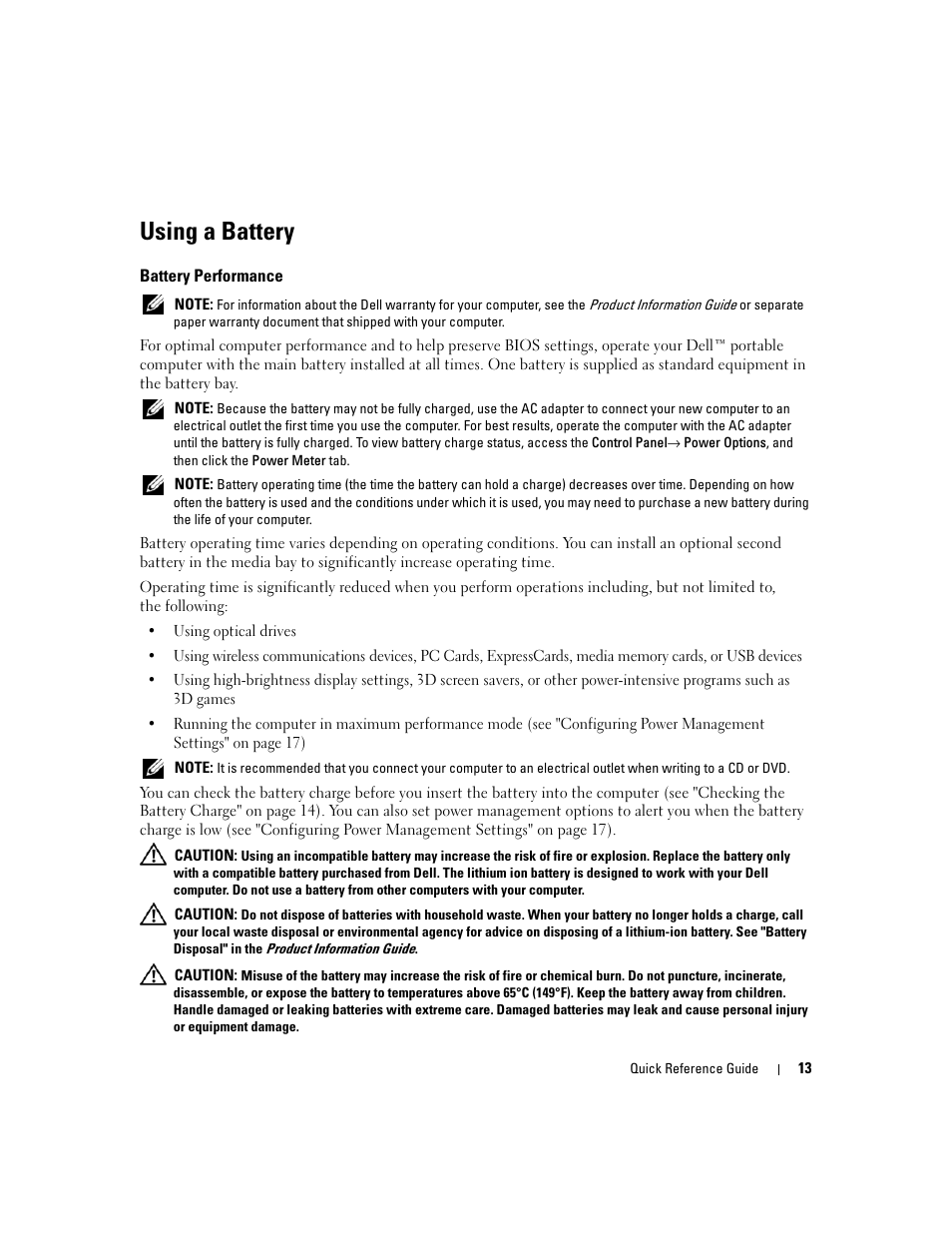 Using a battery, Battery performance | Dell Latitude D830 User Manual | Page 13 / 258