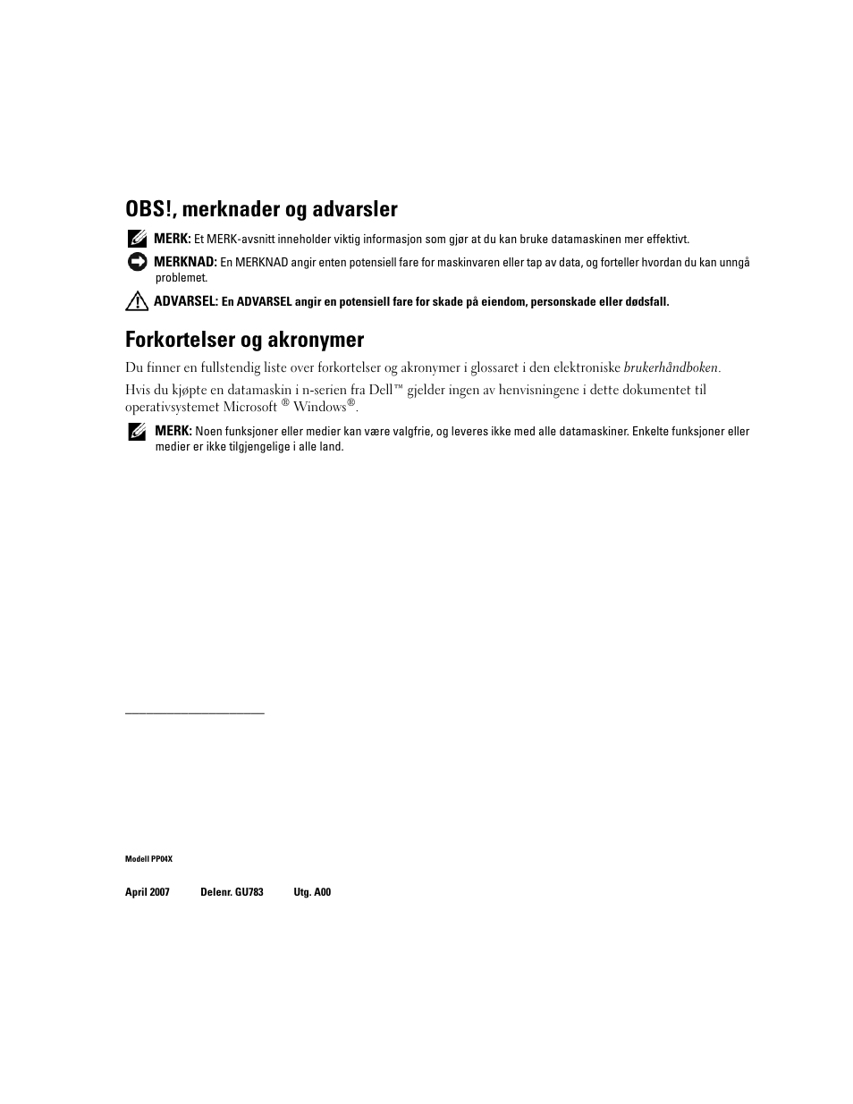 Obs!, merknader og advarsler, Forkortelser og akronymer | Dell Latitude D830 User Manual | Page 134 / 258