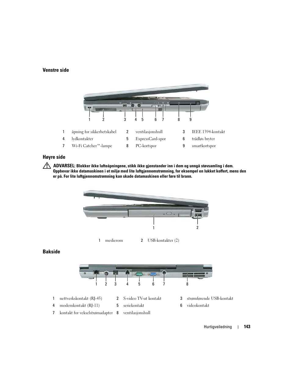 Venstre side, Høyre side, Bakside | Dell Latitude D830 User Manual | Page 143 / 258