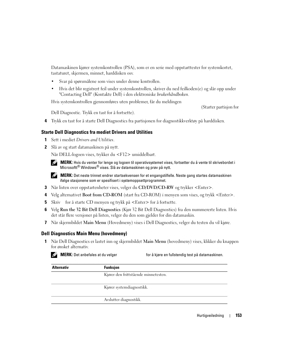 Dell diagnostics main menu (hovedmeny) | Dell Latitude D830 User Manual | Page 153 / 258