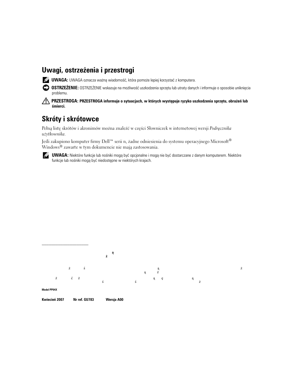 Uwagi, ostrzeżenia i przestrogi, Skróty i skrótowce | Dell Latitude D830 User Manual | Page 158 / 258