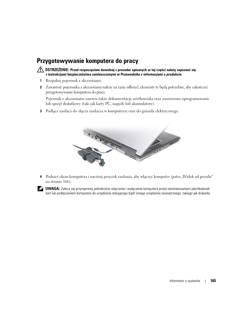 Przygotowywanie komputera do pracy | Dell Latitude D830 User Manual | Page 165 / 258