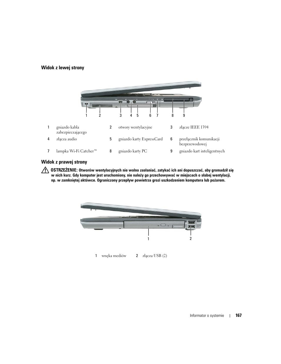 Widok z lewej strony, Widok z prawej strony | Dell Latitude D830 User Manual | Page 167 / 258