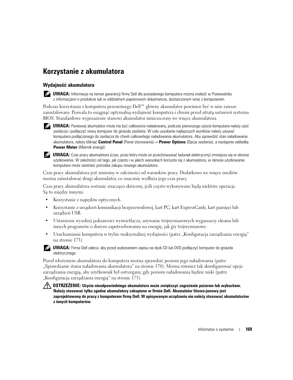 Korzystanie z akumulatora, Wydajność akumulatora | Dell Latitude D830 User Manual | Page 169 / 258