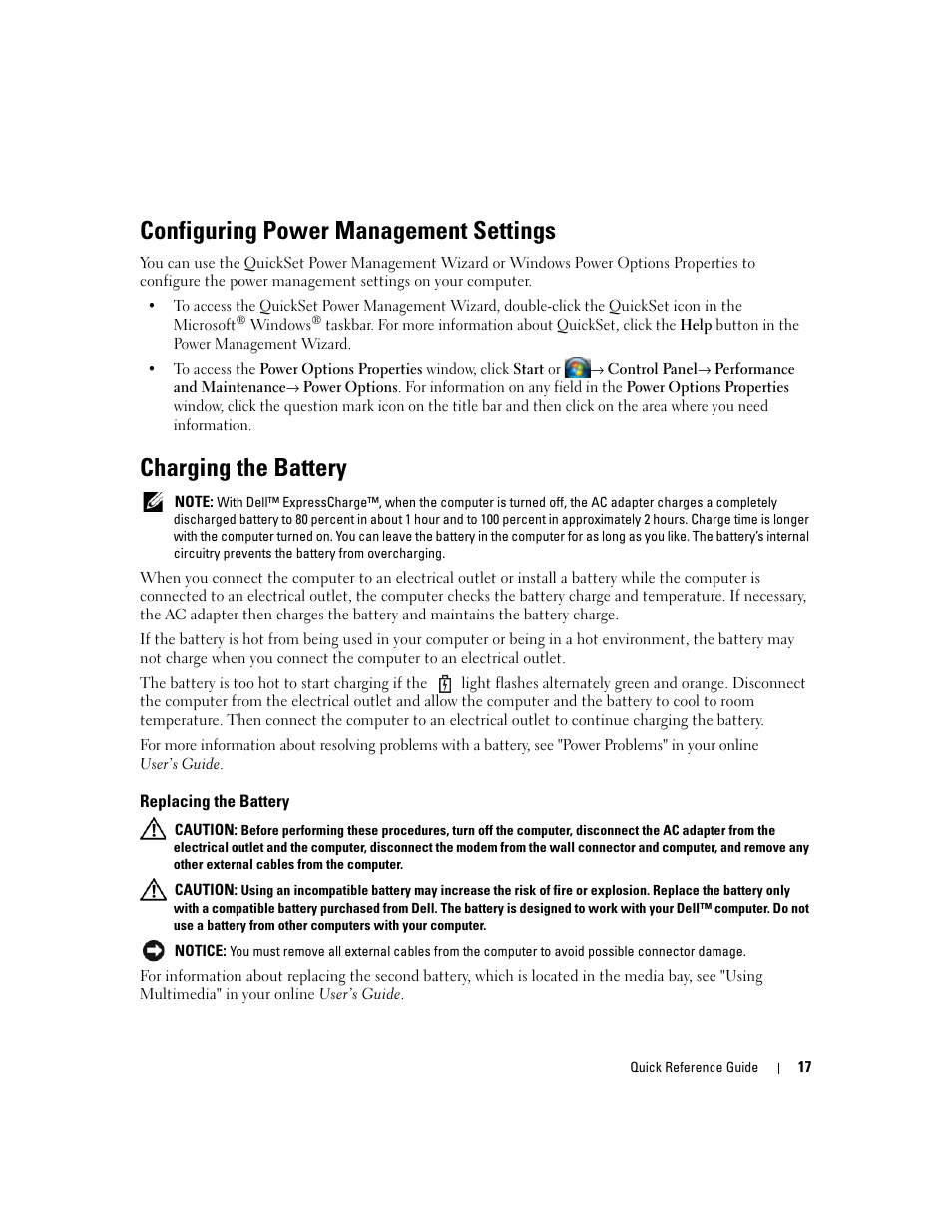 Configuring power management settings, Charging the battery, Replacing the battery | Dell Latitude D830 User Manual | Page 17 / 258