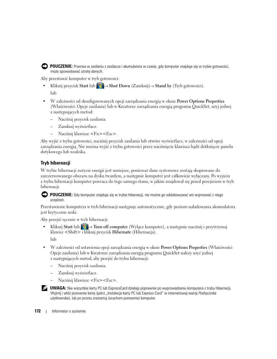 Tryb hibernacji | Dell Latitude D830 User Manual | Page 172 / 258