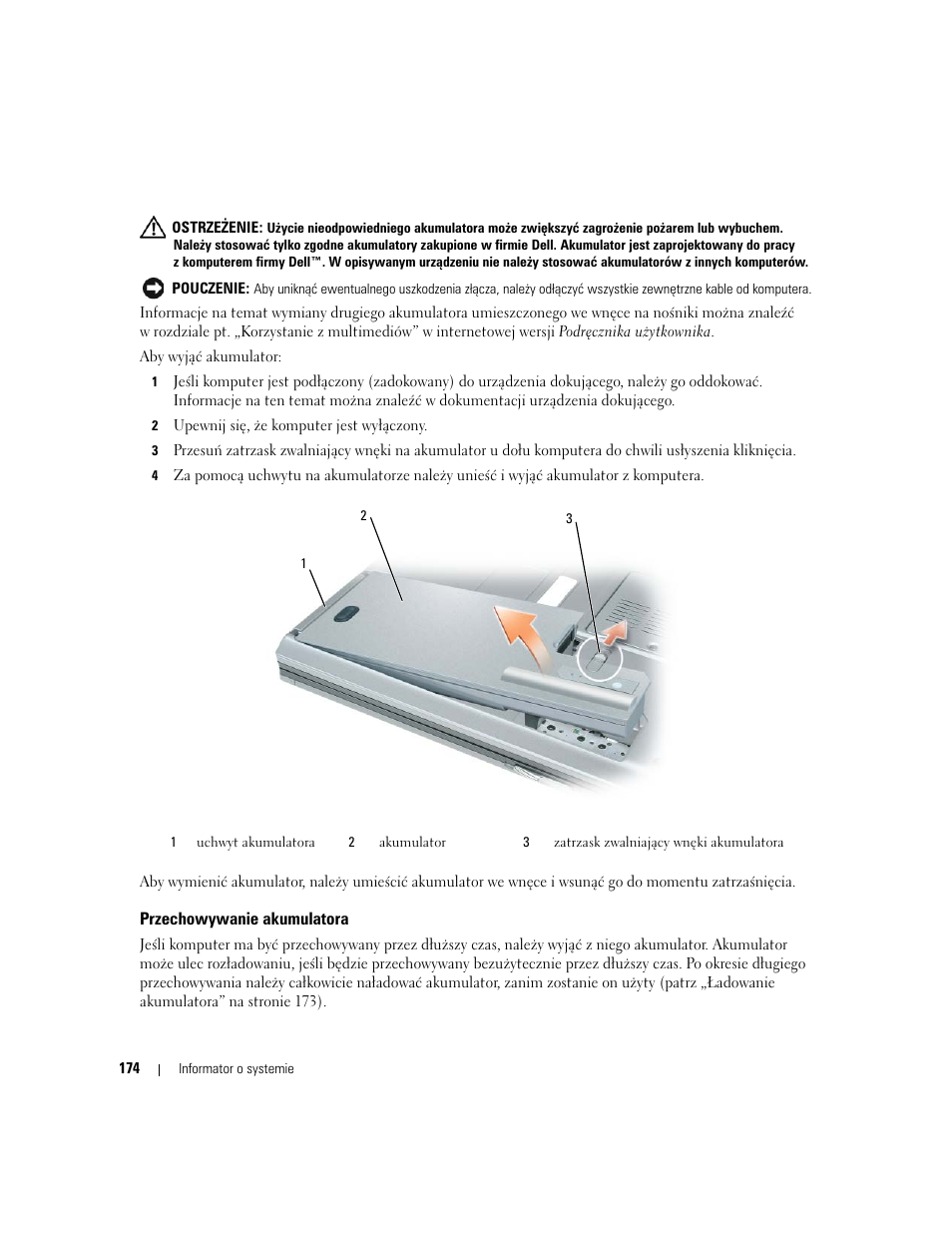 Przechowywanie akumulatora | Dell Latitude D830 User Manual | Page 174 / 258