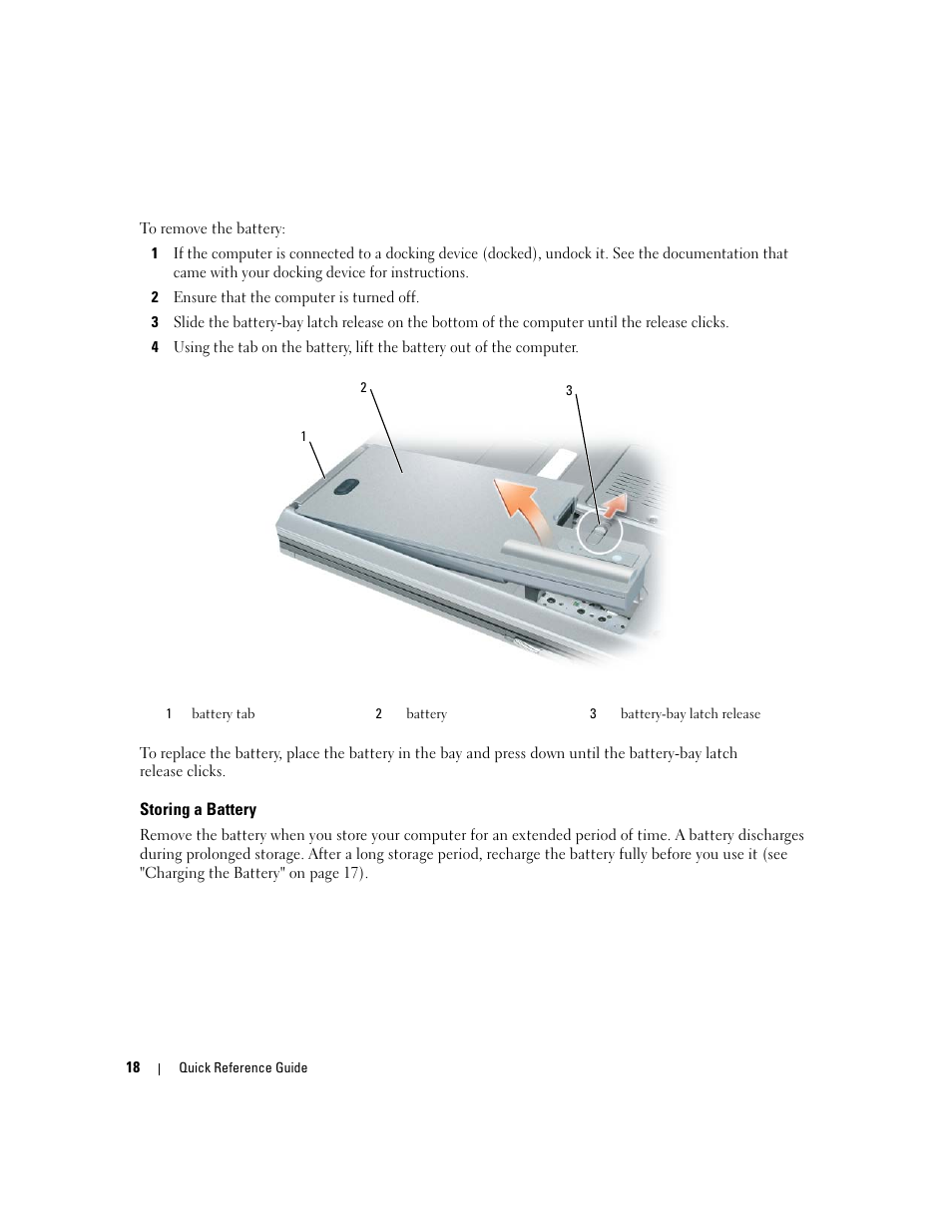 Storing a battery | Dell Latitude D830 User Manual | Page 18 / 258
