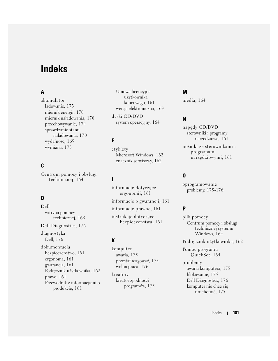Indeks | Dell Latitude D830 User Manual | Page 181 / 258