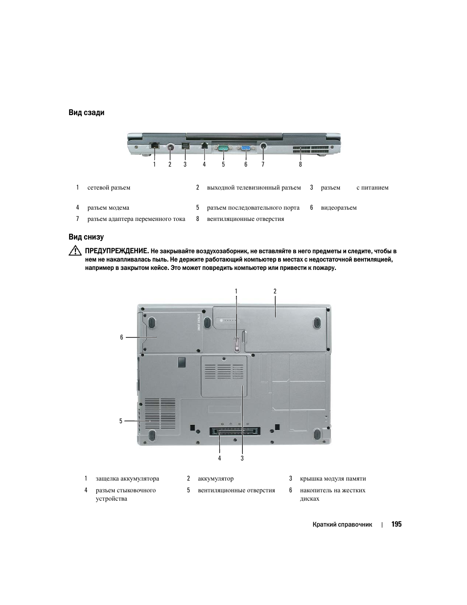 Вид сзади, Вид снизу | Dell Latitude D830 User Manual | Page 195 / 258