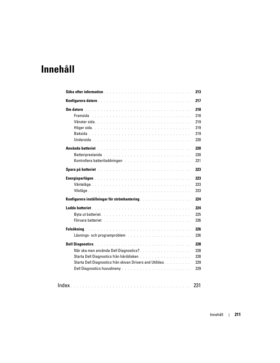 Innehåll, Index | Dell Latitude D830 User Manual | Page 211 / 258