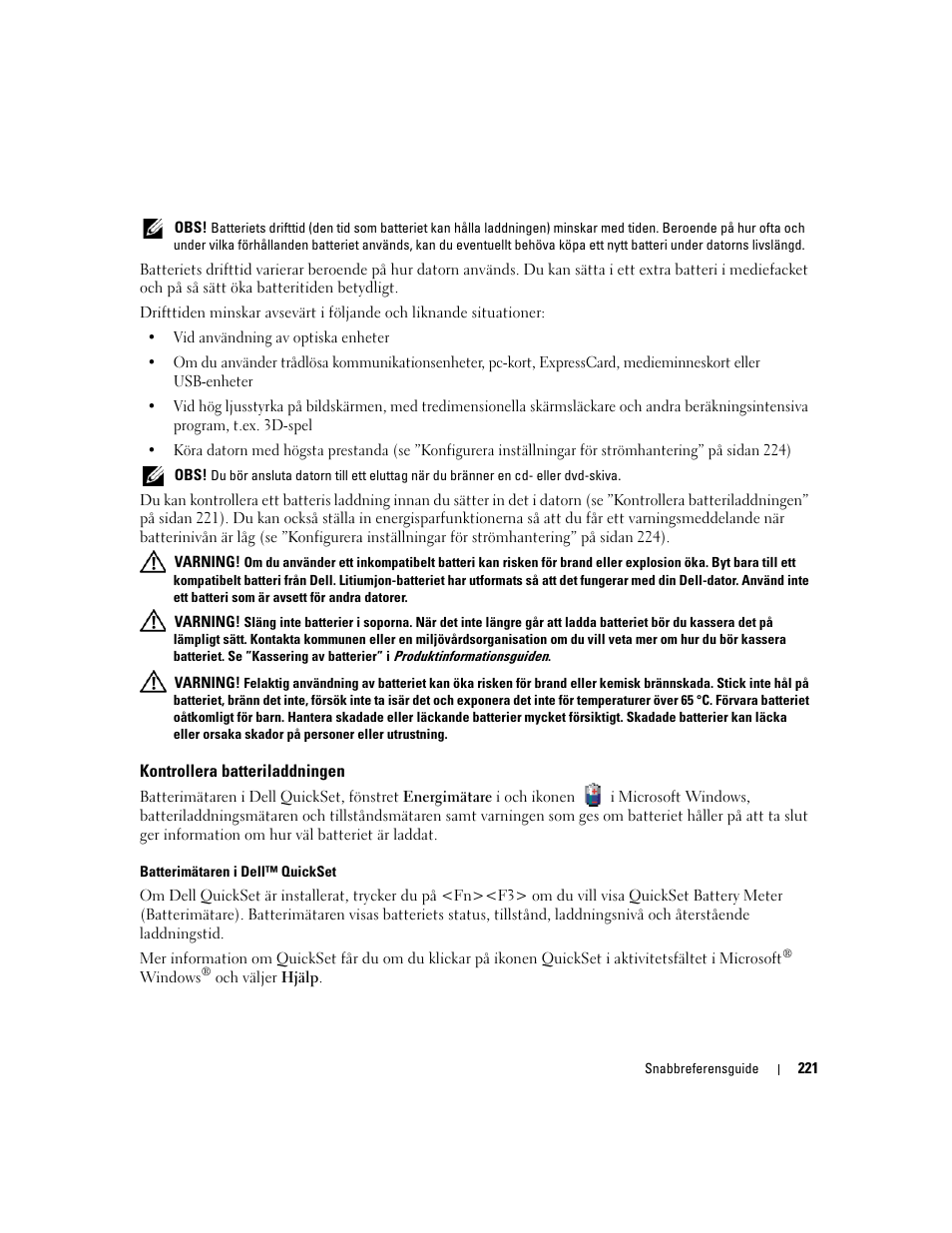 Kontrollera batteriladdningen | Dell Latitude D830 User Manual | Page 221 / 258
