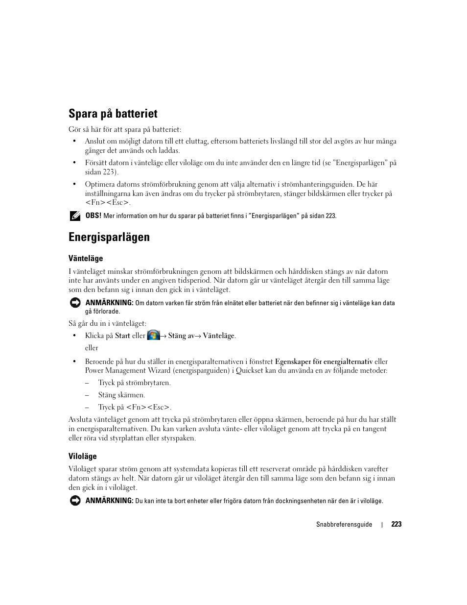 Spara på batteriet, Energisparlägen, Vänteläge | Viloläge | Dell Latitude D830 User Manual | Page 223 / 258