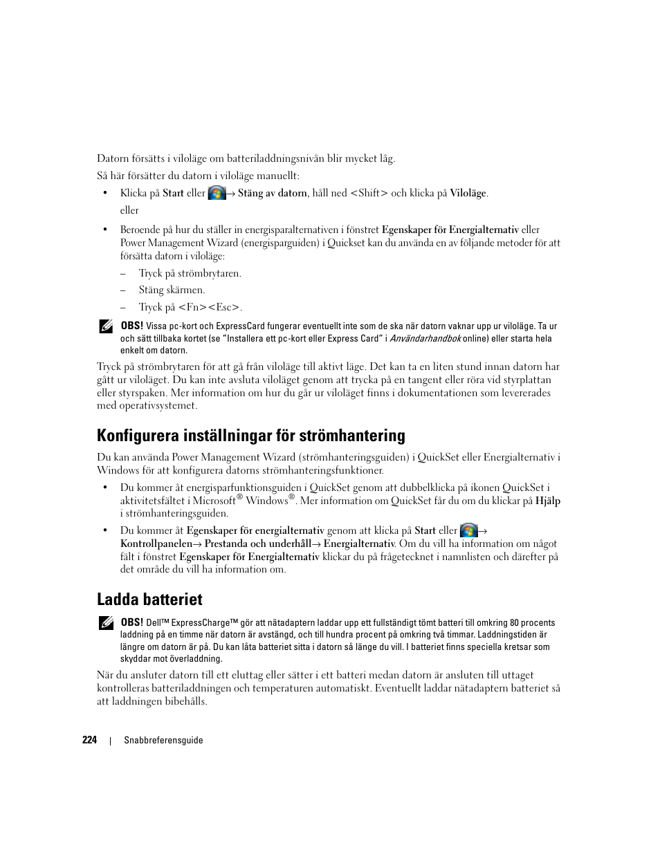 Konfigurera inställningar för strömhantering, Ladda batteriet | Dell Latitude D830 User Manual | Page 224 / 258