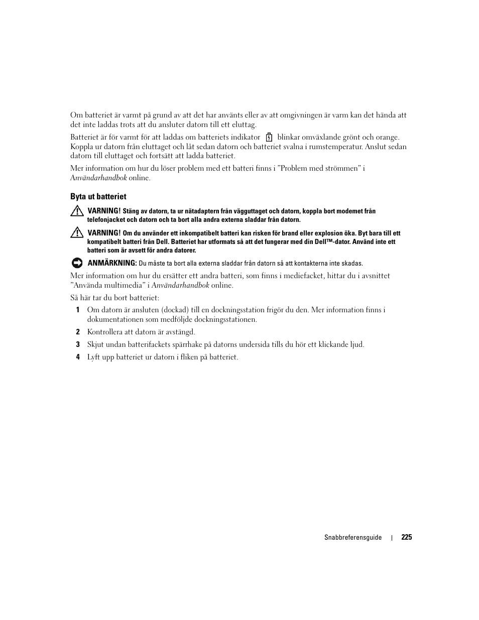 Byta ut batteriet | Dell Latitude D830 User Manual | Page 225 / 258