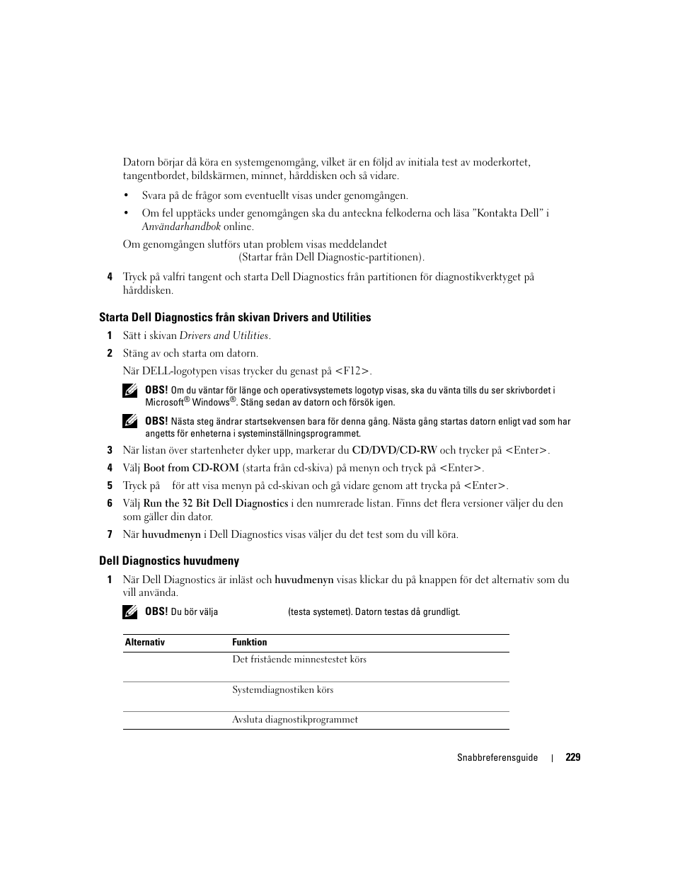 Dell diagnostics huvudmeny | Dell Latitude D830 User Manual | Page 229 / 258