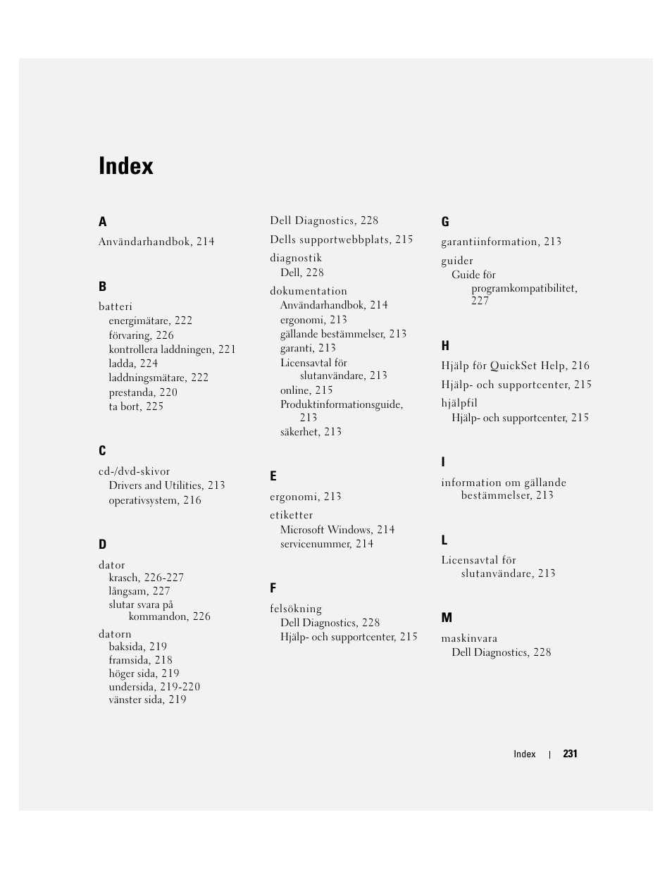 Index | Dell Latitude D830 User Manual | Page 231 / 258