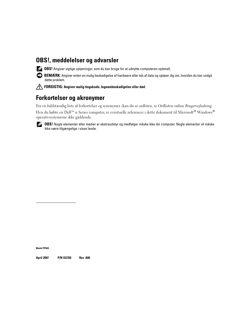 Obs!, meddelelser og advarsler, Forkortelser og akronymer | Dell Latitude D830 User Manual | Page 54 / 258