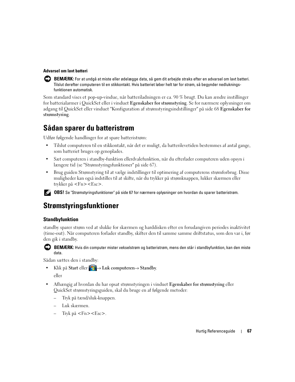 Sådan sparer du batteristrøm, Strømstyringsfunktioner, Standbyfunktion | Dell Latitude D830 User Manual | Page 67 / 258