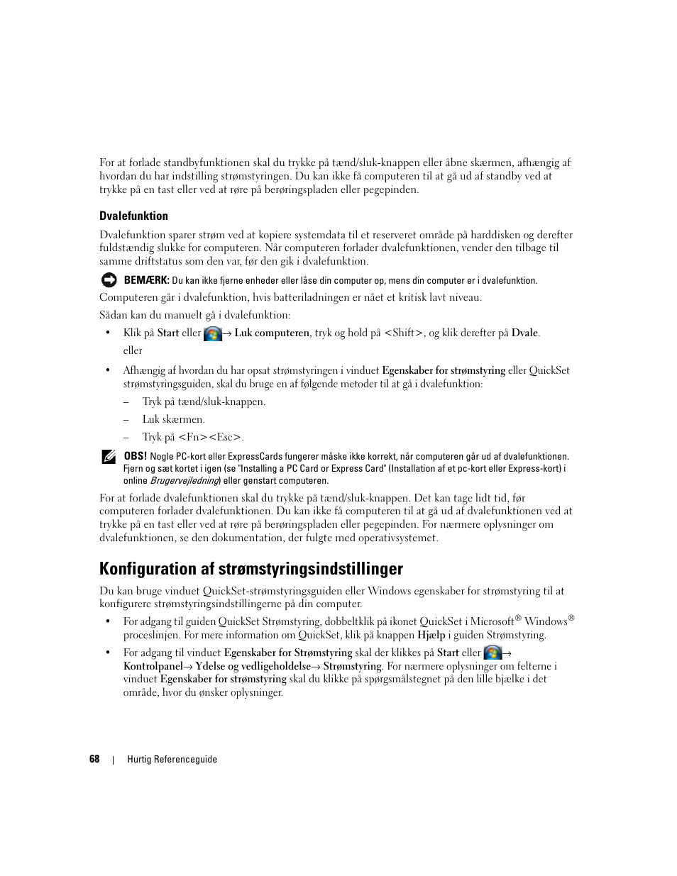Dvalefunktion, Konfiguration af strømstyringsindstillinger | Dell Latitude D830 User Manual | Page 68 / 258