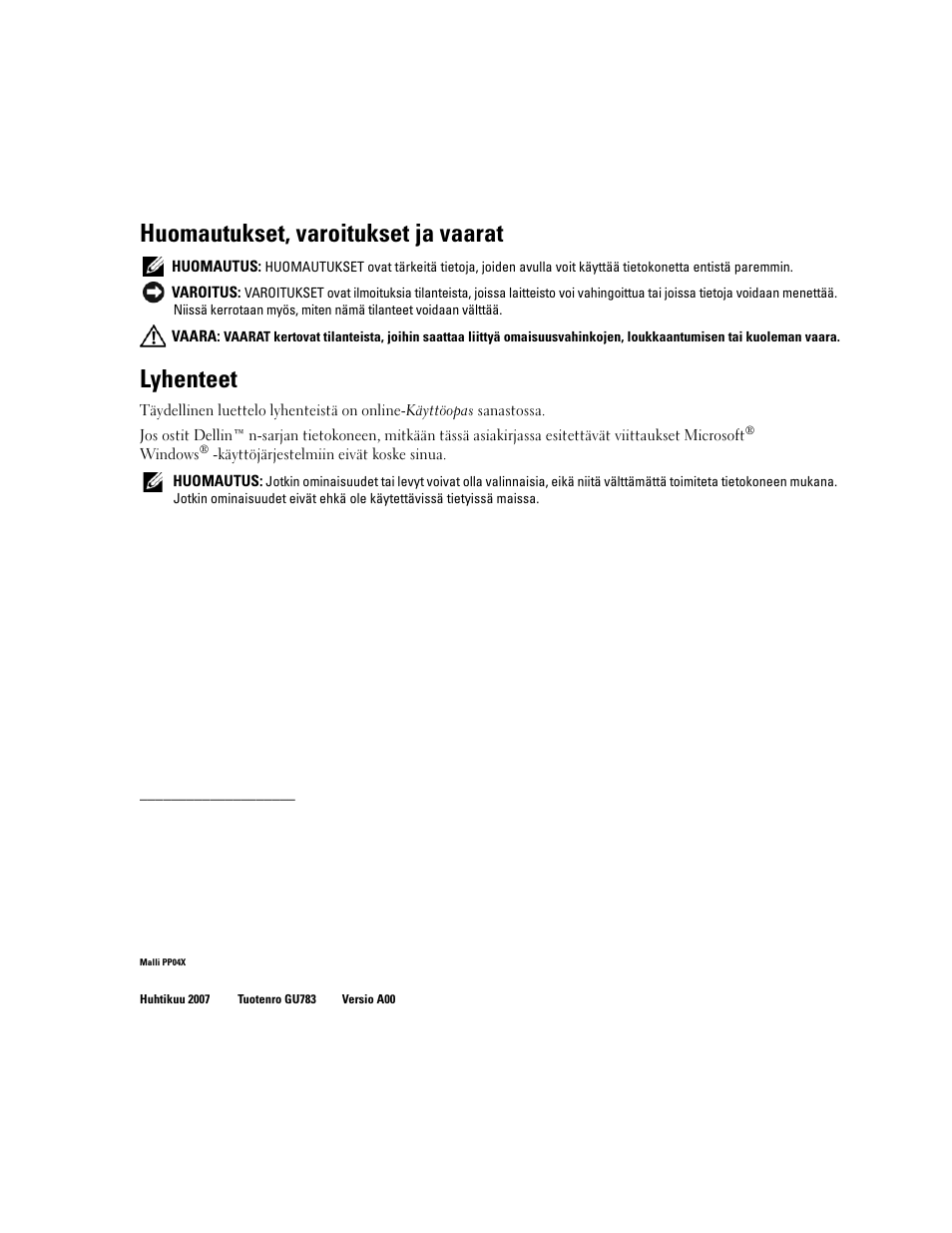 Huomautukset, varoitukset ja vaarat, Lyhenteet | Dell Latitude D830 User Manual | Page 80 / 258