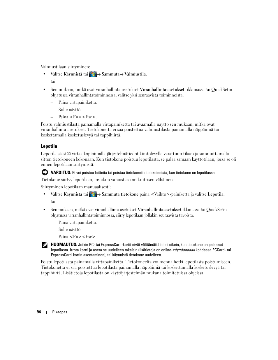 Lepotila | Dell Latitude D830 User Manual | Page 94 / 258