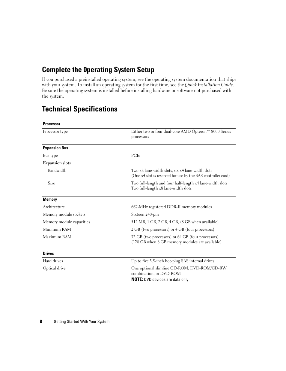Complete the 0perating system setup, Technical specifications | Dell PowerEdge 6950 User Manual | Page 10 / 92
