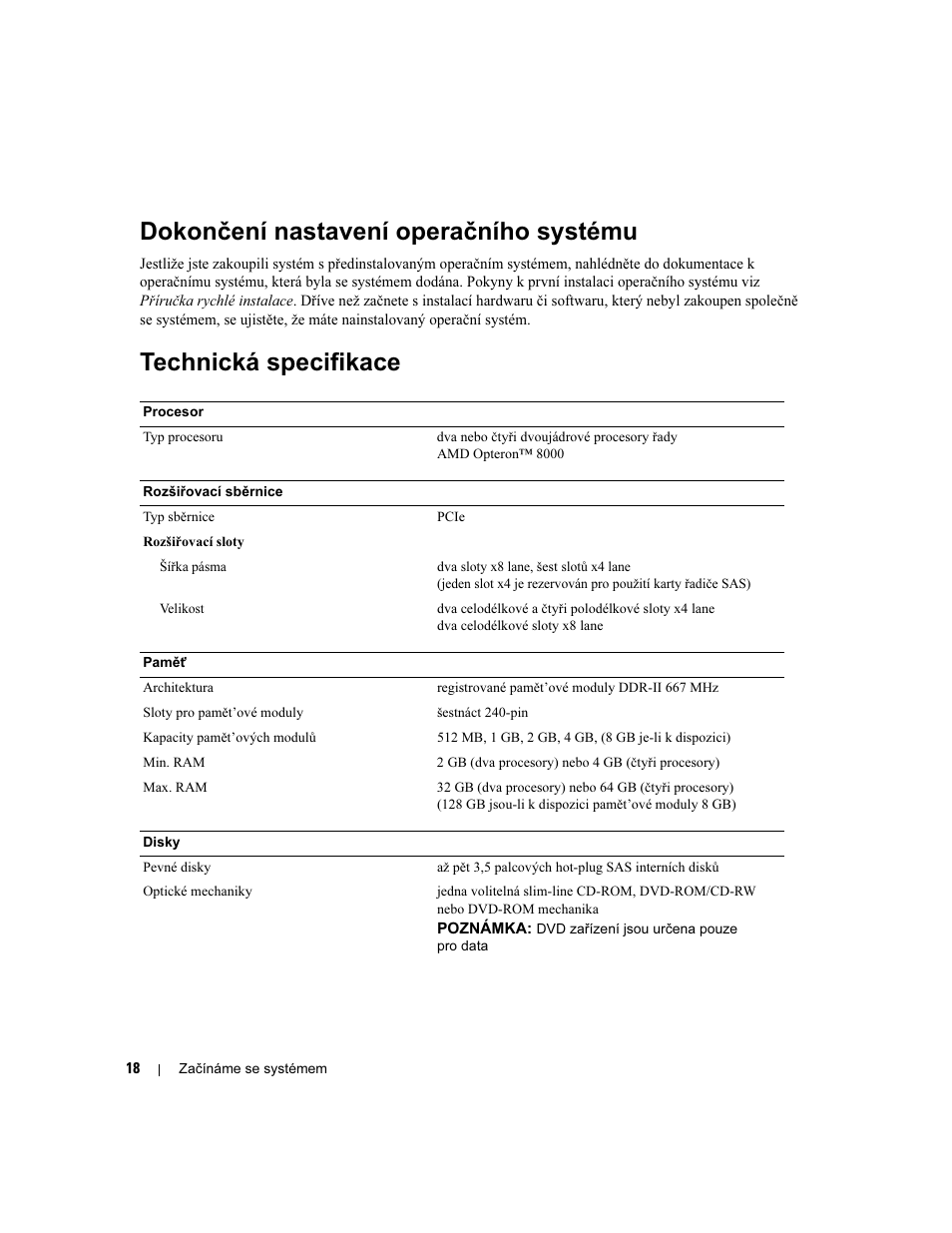 Dokončení nastavení operačního systému, Technická specifikace | Dell PowerEdge 6950 User Manual | Page 20 / 92