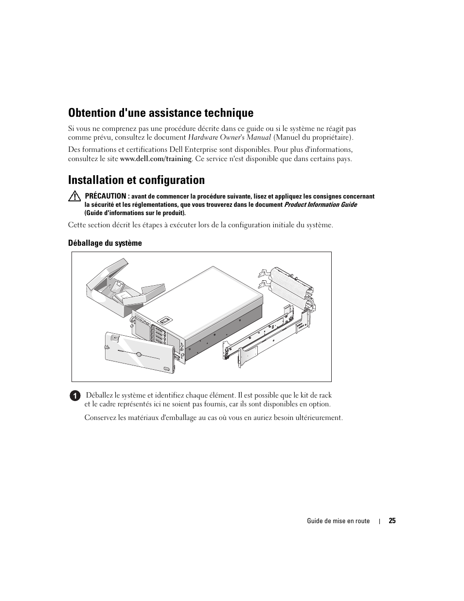 Obtention d'une assistance technique, Installation et configuration, Déballage du système | Dell PowerEdge 6950 User Manual | Page 27 / 92