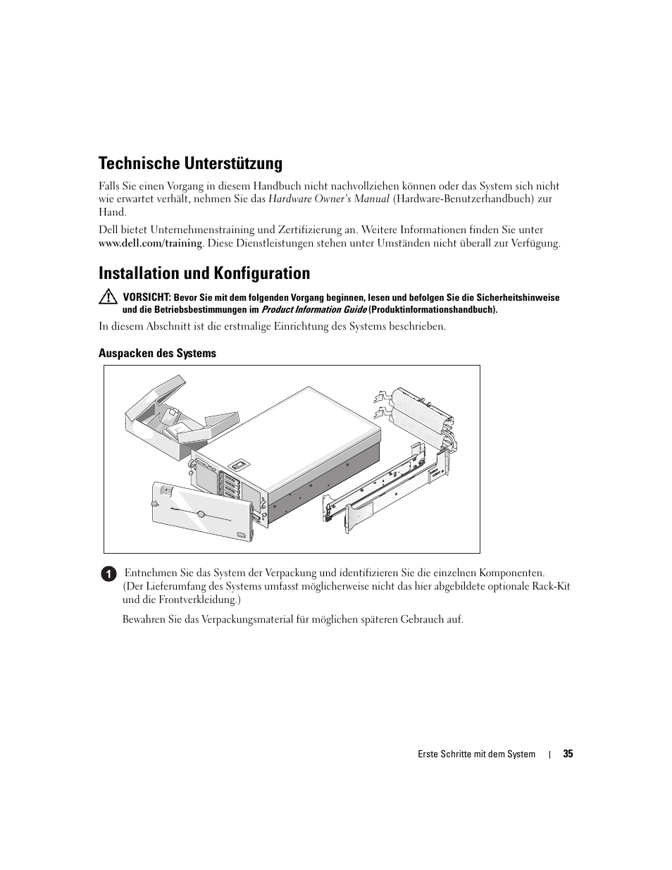 Technische unterstützung, Installation und konfiguration, Auspacken des systems | Dell PowerEdge 6950 User Manual | Page 37 / 92