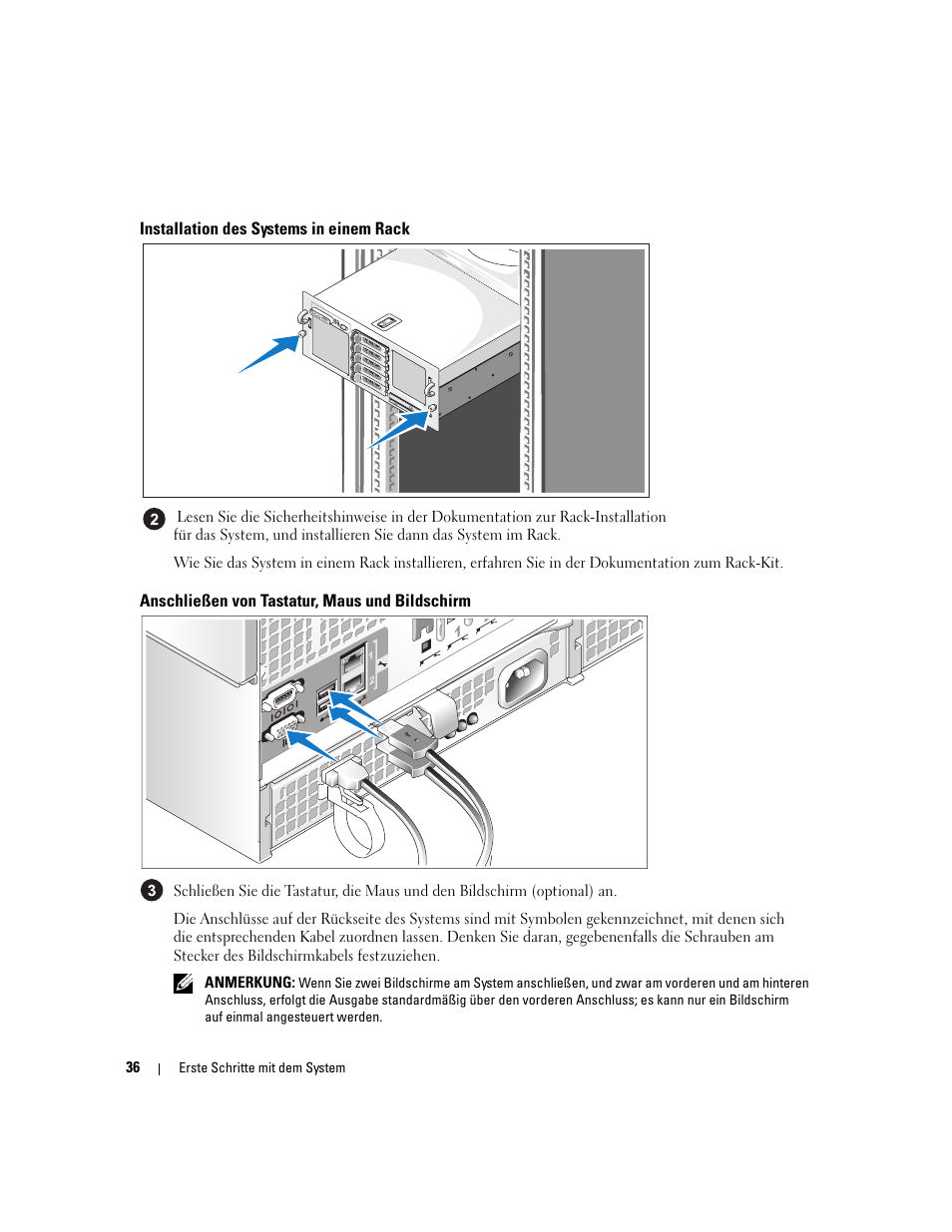 Installation des systems in einem rack, Anschließen von tastatur, maus und bildschirm | Dell PowerEdge 6950 User Manual | Page 38 / 92