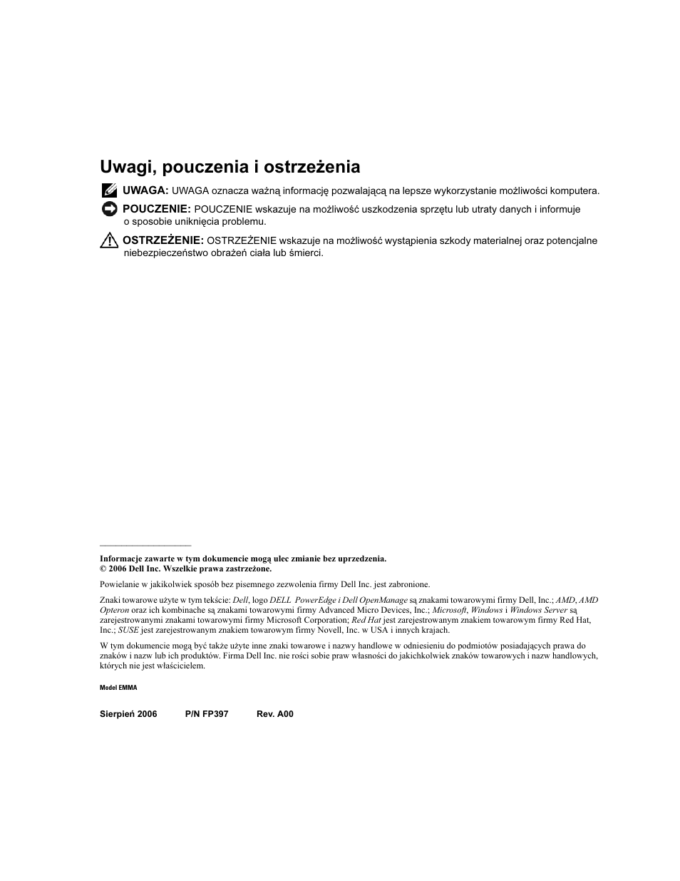 Uwagi, pouczenia i ostrzeżenia | Dell PowerEdge 6950 User Manual | Page 54 / 92